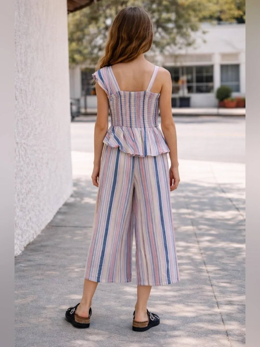 Habitual Girls Striped Jumpsuit Linen Blend Ruffle One Shoulder 10